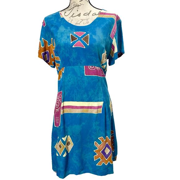 Vintage 90s Blue Tropical Tantrum Rayon Babydoll Mini Dress Large - Picture 1 of 8